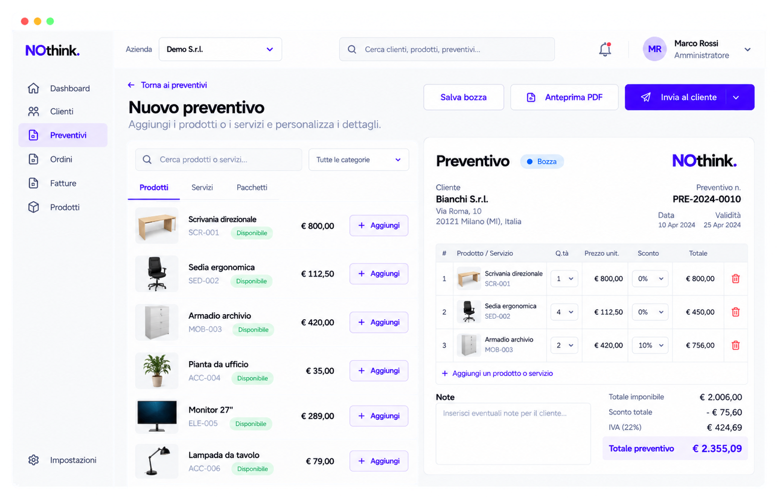 Mockup dimostrativo di un gestionale NOthink per creare preventivi, con catalogo prodotti e riepilogo dell’offerta.