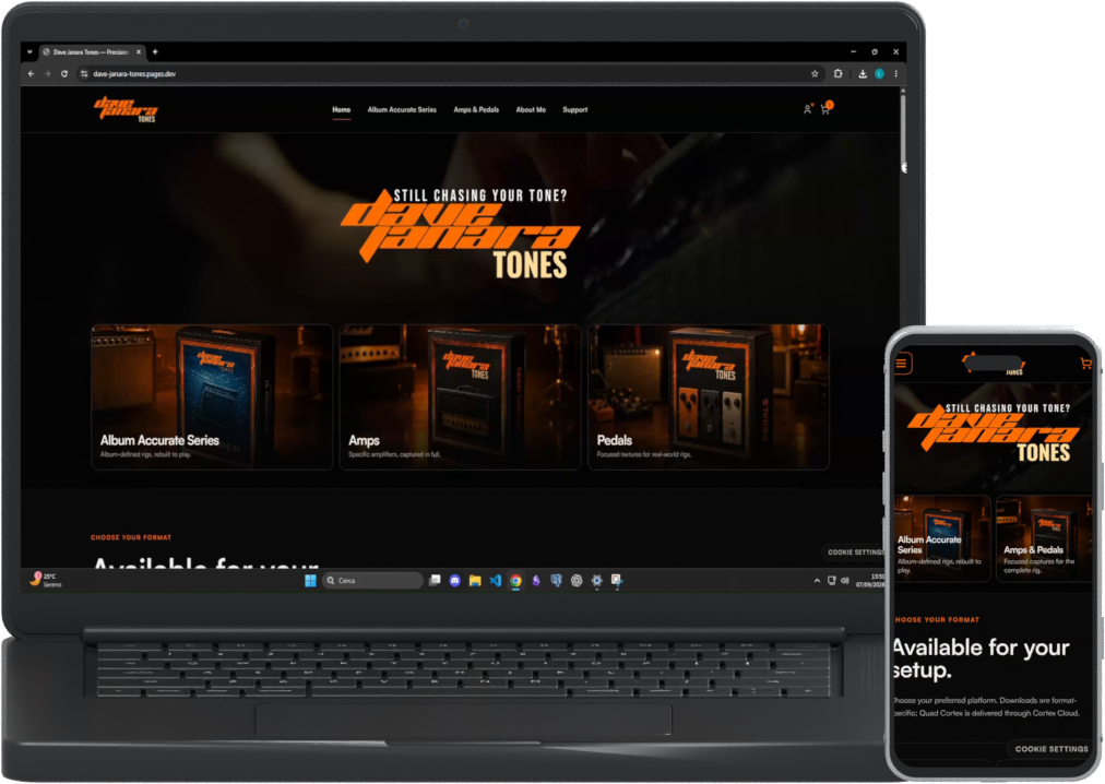 E-commerce Dave Janara Tones mostrato frontalmente su un laptop e uno smartphone
