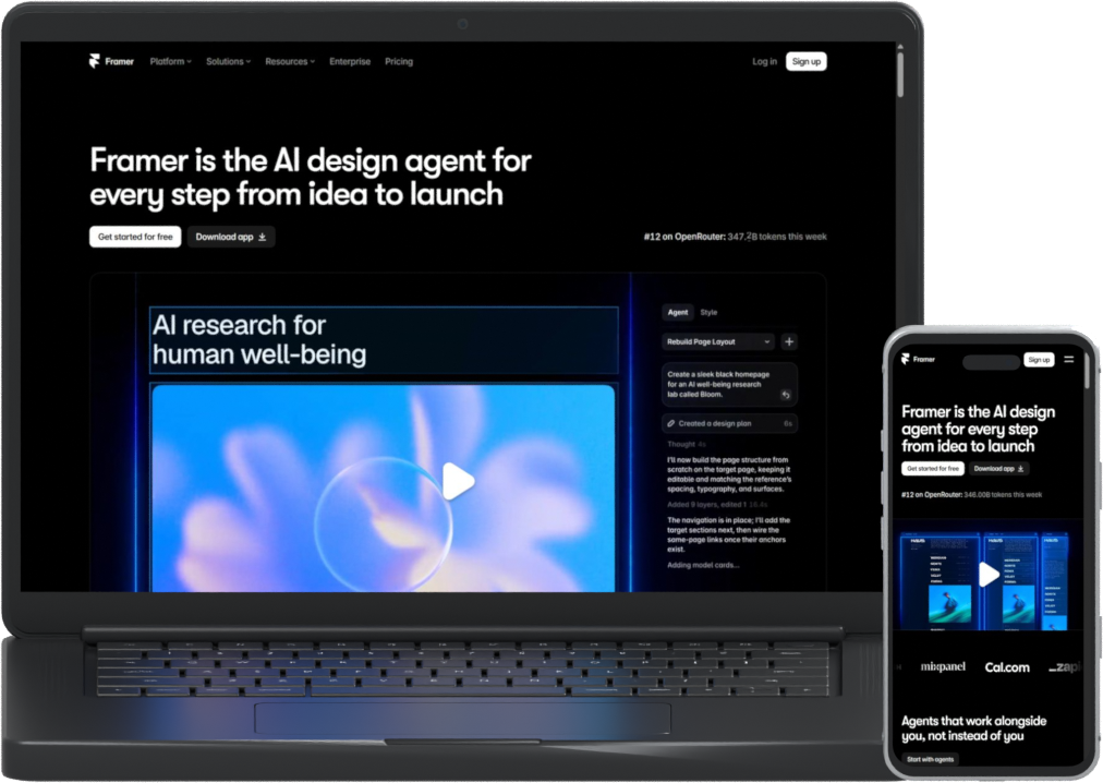 Placeholder del portfolio: sito pubblico Framer su laptop e smartphone frontali