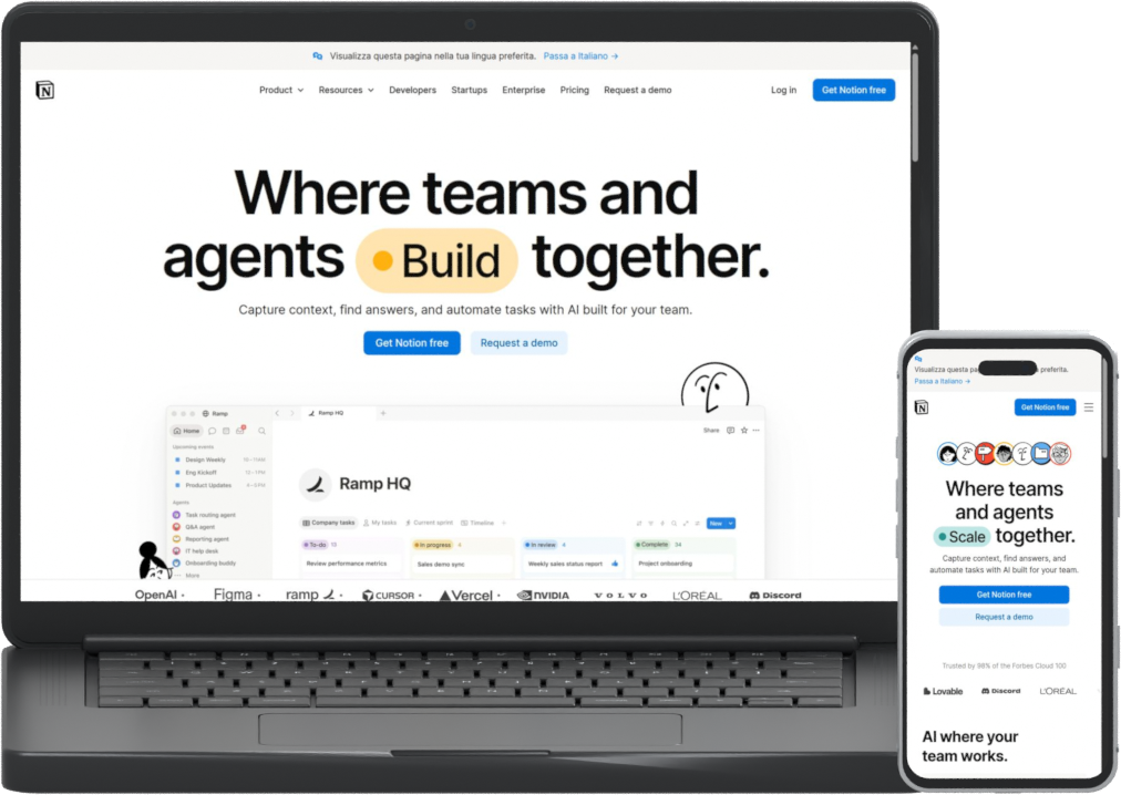 Placeholder del portfolio: sito pubblico Notion su laptop e smartphone frontali