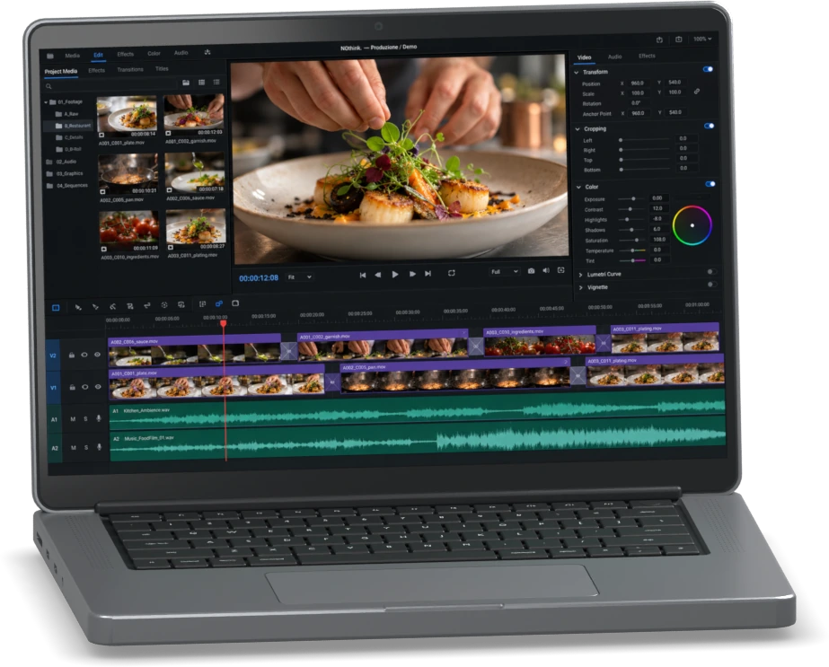 Laptop NOthink. con un’interfaccia di montaggio dimostrativa: anteprima di un video food, tracce video e forme d’onda audio